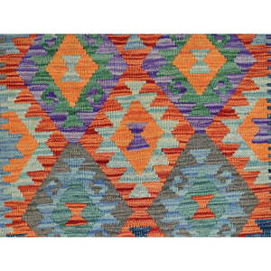 2'10"x9'9" Cerulean Blue, Flat Weave, Afghan Kilim with Colorful Geometric Pattern, Vegetable Dyes, 100% Wool, Hand Woven, Reversible, Runner, Oriental Rug FWR7014