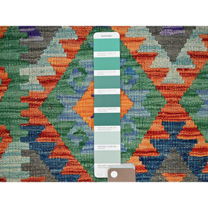 2'10"x9'9" Cerulean Blue, Flat Weave, Afghan Kilim with Colorful Geometric Pattern, Vegetable Dyes, 100% Wool, Hand Woven, Reversible, Runner, Oriental Rug FWR7014
