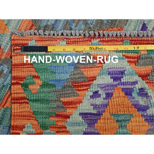 2'10"x9'9" Cerulean Blue, Flat Weave, Afghan Kilim with Colorful Geometric Pattern, Vegetable Dyes, 100% Wool, Hand Woven, Reversible, Runner, Oriental Rug FWR7014
