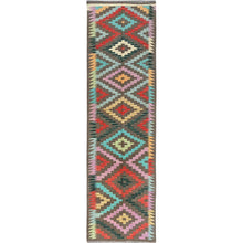 Load image into Gallery viewer, 2&#39;9&quot;x9&#39;10&quot; Taupe Gray, Afghan Kilim with Colorful Geometric Pattern, Vegetable Dyes, Pure Wool, Flat Weave, Hand Woven, Reversible, Runner, Oriental Rug FWR7020