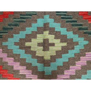 2'9"x9'10" Taupe Gray, Afghan Kilim with Colorful Geometric Pattern, Vegetable Dyes, Pure Wool, Flat Weave, Hand Woven, Reversible, Runner, Oriental Rug FWR7020