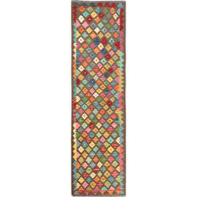 Load image into Gallery viewer, 2&#39;7&quot;x9&#39;8&quot; Cedar Brown, Afghan Kilim with Colorful Geometric Pattern, Pure Wool, Flat Weave, Hand Woven, Vegetable Dyes, Reversible, Runner, Oriental Rug FWR7026