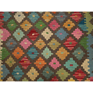 2'7"x9'8" Cedar Brown, Afghan Kilim with Colorful Geometric Pattern, Pure Wool, Flat Weave, Hand Woven, Vegetable Dyes, Reversible, Runner, Oriental Rug FWR7026