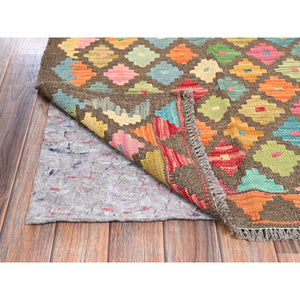 2'7"x9'8" Cedar Brown, Afghan Kilim with Colorful Geometric Pattern, Pure Wool, Flat Weave, Hand Woven, Vegetable Dyes, Reversible, Runner, Oriental Rug FWR7026
