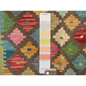 2'7"x9'8" Cedar Brown, Afghan Kilim with Colorful Geometric Pattern, Pure Wool, Flat Weave, Hand Woven, Vegetable Dyes, Reversible, Runner, Oriental Rug FWR7026