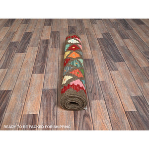 2'7"x9'8" Cedar Brown, Afghan Kilim with Colorful Geometric Pattern, Pure Wool, Flat Weave, Hand Woven, Vegetable Dyes, Reversible, Runner, Oriental Rug FWR7026