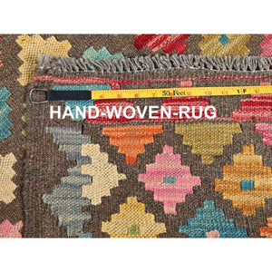2'7"x9'8" Cedar Brown, Afghan Kilim with Colorful Geometric Pattern, Pure Wool, Flat Weave, Hand Woven, Vegetable Dyes, Reversible, Runner, Oriental Rug FWR7026