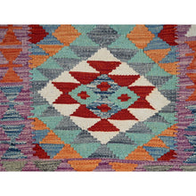 Load image into Gallery viewer, 2&#39;x3&#39; Teal Blue, Afghan Kilim with Colorful Geometric Pattern, Vegetable Dyes, Pure Wool, Hand Woven, Flat Weave, Reversible, Mat, Oriental Rug FWR7044