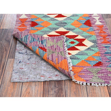 Load image into Gallery viewer, 2&#39;x3&#39; Teal Blue, Afghan Kilim With Colorful Geometric Pattern, Vegetable Dyes, Pure Wool, Hand Woven, Flat Weave, Reversible, Mat, Oriental Rug FWR7044