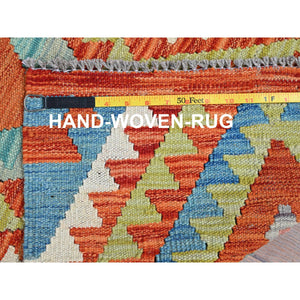2'2"x3'2" Vivid Orange, Afghan Kilim With Colorful Geometric Pattern, Flat Weave, Vegetable Dyes, Pure Wool, Hand Woven, Reversible, Mat, Oriental Rug FWR7074