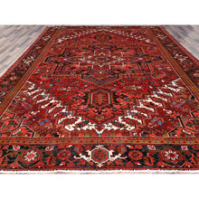 Load image into Gallery viewer, 10&#39;x12&#39;9&quot; Crimson Red With Asphalt Black Border, Large Colorful Centre Geometric Pattern, Secured And Cleaned, Hand Knotted, Great Condition, Pure And Soft Wool, Sheared Low, Semi Antique Persian Heriz Oriental Rug FWR702
