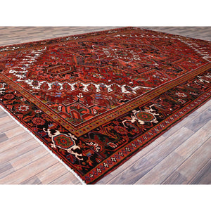 10'x12'9" Crimson Red With Asphalt Black Border, Large Colorful Centre Geometric Pattern, Secured And Cleaned, Hand Knotted, Great Condition, Pure And Soft Wool, Sheared Low, Semi Antique Persian Heriz Oriental Rug FWR702