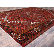 Load image into Gallery viewer, 10&#39;x12&#39;9&quot; Crimson Red With Asphalt Black Border, Large Colorful Centre Geometric Pattern, Secured And Cleaned, Hand Knotted, Great Condition, Pure And Soft Wool, Sheared Low, Semi Antique Persian Heriz Oriental Rug FWR702