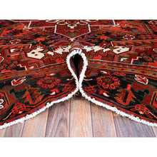 Load image into Gallery viewer, 10&#39;x12&#39;9&quot; Crimson Red With Asphalt Black Border, Large Colorful Centre Geometric Pattern, Secured And Cleaned, Hand Knotted, Great Condition, Pure And Soft Wool, Sheared Low, Semi Antique Persian Heriz Oriental Rug FWR702