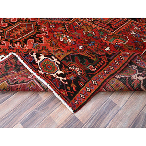 10'x12'9" Crimson Red With Asphalt Black Border, Large Colorful Centre Geometric Pattern, Secured And Cleaned, Hand Knotted, Great Condition, Pure And Soft Wool, Sheared Low, Semi Antique Persian Heriz Oriental Rug FWR702