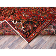 Load image into Gallery viewer, 10&#39;x12&#39;9&quot; Crimson Red With Asphalt Black Border, Large Colorful Centre Geometric Pattern, Secured And Cleaned, Hand Knotted, Great Condition, Pure And Soft Wool, Sheared Low, Semi Antique Persian Heriz Oriental Rug FWR702