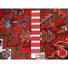 Load image into Gallery viewer, 10&#39;x12&#39;9&quot; Crimson Red With Asphalt Black Border, Large Colorful Centre Geometric Pattern, Secured And Cleaned, Hand Knotted, Great Condition, Pure And Soft Wool, Sheared Low, Semi Antique Persian Heriz Oriental Rug FWR702