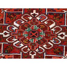 Load image into Gallery viewer, 10&#39;x12&#39;9&quot; Crimson Red With Asphalt Black Border, Large Colorful Centre Geometric Pattern, Secured And Cleaned, Hand Knotted, Great Condition, Pure And Soft Wool, Sheared Low, Semi Antique Persian Heriz Oriental Rug FWR702