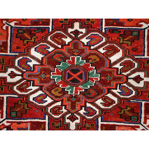 10'x12'9" Crimson Red With Asphalt Black Border, Large Colorful Centre Geometric Pattern, Secured And Cleaned, Hand Knotted, Great Condition, Pure And Soft Wool, Sheared Low, Semi Antique Persian Heriz Oriental Rug FWR702