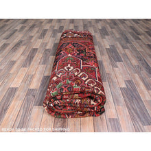 Load image into Gallery viewer, 10&#39;x12&#39;9&quot; Crimson Red With Asphalt Black Border, Large Colorful Centre Geometric Pattern, Secured And Cleaned, Hand Knotted, Great Condition, Pure And Soft Wool, Sheared Low, Semi Antique Persian Heriz Oriental Rug FWR702