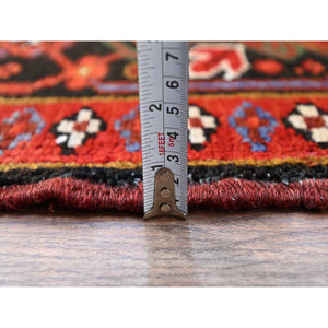 10'x12'9" Crimson Red With Asphalt Black Border, Large Colorful Centre Geometric Pattern, Secured And Cleaned, Hand Knotted, Great Condition, Pure And Soft Wool, Sheared Low, Semi Antique Persian Heriz Oriental Rug FWR702