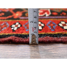 Load image into Gallery viewer, 10&#39;x12&#39;9&quot; Crimson Red With Asphalt Black Border, Large Colorful Centre Geometric Pattern, Secured And Cleaned, Hand Knotted, Great Condition, Pure And Soft Wool, Sheared Low, Semi Antique Persian Heriz Oriental Rug FWR702