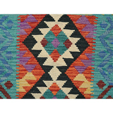 Load image into Gallery viewer, 2&#39;1&quot;x2&#39;8&quot; Flame Orange, Flat Weave, Afghan Kilim With Colorful Geometric Pattern, Vegetable Dyes, Pure Wool, Hand Woven, Reversible, Mat, Oriental Rug FWR7080