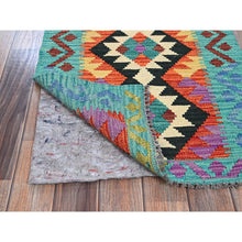 Load image into Gallery viewer, 2&#39;1&quot;x2&#39;8&quot; Flame Orange, Flat Weave, Afghan Kilim With Colorful Geometric Pattern, Vegetable Dyes, Pure Wool, Hand Woven, Reversible, Mat, Oriental Rug FWR7080