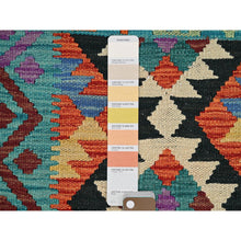 Load image into Gallery viewer, 2&#39;1&quot;x2&#39;8&quot; Flame Orange, Flat Weave, Afghan Kilim With Colorful Geometric Pattern, Vegetable Dyes, Pure Wool, Hand Woven, Reversible, Mat, Oriental Rug FWR7080
