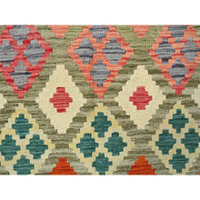 Load image into Gallery viewer, 3&#39;6&quot;x4&#39;10&quot; Artichoke Green, Flat Weave, Afghan Kilim With Colorful Geometric Pattern, Vegetable Dyes, Pure Wool, Hand Woven, Reversible, Oriental Rug FWR7104