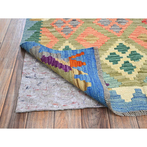 3'6"x4'10" Artichoke Green, Flat Weave, Afghan Kilim With Colorful Geometric Pattern, Vegetable Dyes, Pure Wool, Hand Woven, Reversible, Oriental Rug FWR7104
