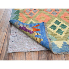 Load image into Gallery viewer, 3&#39;6&quot;x4&#39;10&quot; Artichoke Green, Flat Weave, Afghan Kilim With Colorful Geometric Pattern, Vegetable Dyes, Pure Wool, Hand Woven, Reversible, Oriental Rug FWR7104