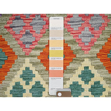 Load image into Gallery viewer, 3&#39;6&quot;x4&#39;10&quot; Artichoke Green, Flat Weave, Afghan Kilim With Colorful Geometric Pattern, Vegetable Dyes, Pure Wool, Hand Woven, Reversible, Oriental Rug FWR7104