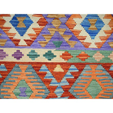 Load image into Gallery viewer, 3&#39;7&quot;x5&#39; Flame Orange, Flat Weave, Afghan Kilim With Colorful Geometric Pattern, Vegetable Dyes, Pure Wool, Hand Woven, Reversible, Oriental Rug FWR7116