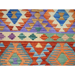 3'7"x5' Flame Orange, Flat Weave, Afghan Kilim With Colorful Geometric Pattern, Vegetable Dyes, Pure Wool, Hand Woven, Reversible, Oriental Rug FWR7116