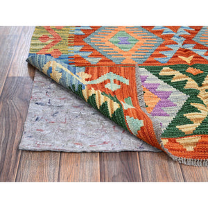 3'7"x5' Flame Orange, Flat Weave, Afghan Kilim With Colorful Geometric Pattern, Vegetable Dyes, Pure Wool, Hand Woven, Reversible, Oriental Rug FWR7116