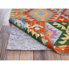 Load image into Gallery viewer, 3&#39;7&quot;x5&#39; Flame Orange, Flat Weave, Afghan Kilim With Colorful Geometric Pattern, Vegetable Dyes, Pure Wool, Hand Woven, Reversible, Oriental Rug FWR7116