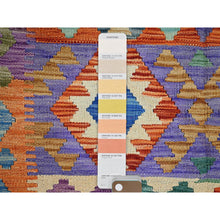 Load image into Gallery viewer, 3&#39;7&quot;x5&#39; Flame Orange, Flat Weave, Afghan Kilim With Colorful Geometric Pattern, Vegetable Dyes, Pure Wool, Hand Woven, Reversible, Oriental Rug FWR7116
