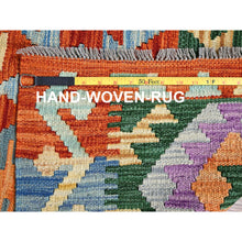 Load image into Gallery viewer, 3&#39;7&quot;x5&#39; Flame Orange, Flat Weave, Afghan Kilim With Colorful Geometric Pattern, Vegetable Dyes, Pure Wool, Hand Woven, Reversible, Oriental Rug FWR7116
