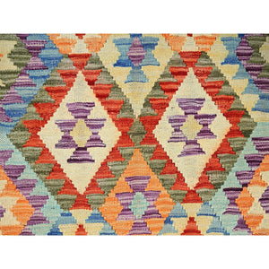 3'5"x4'10" Vivid Orange, Flat Weave, Afghan Kilim With Colorful Geometric Pattern, Vegetable Dyes, Pure Wool, Hand Woven, Reversible, Oriental Rug FWR7122