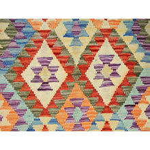Load image into Gallery viewer, 3&#39;5&quot;x4&#39;10&quot; Vivid Orange, Flat Weave, Afghan Kilim With Colorful Geometric Pattern, Vegetable Dyes, Pure Wool, Hand Woven, Reversible, Oriental Rug FWR7122