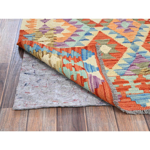 3'5"x4'10" Vivid Orange, Flat Weave, Afghan Kilim With Colorful Geometric Pattern, Vegetable Dyes, Pure Wool, Hand Woven, Reversible, Oriental Rug FWR7122