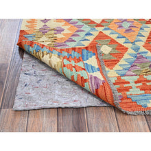 Load image into Gallery viewer, 3&#39;5&quot;x4&#39;10&quot; Vivid Orange, Flat Weave, Afghan Kilim With Colorful Geometric Pattern, Vegetable Dyes, Pure Wool, Hand Woven, Reversible, Oriental Rug FWR7122