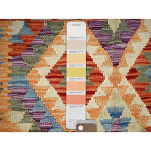 3'5"x4'10" Vivid Orange, Flat Weave, Afghan Kilim With Colorful Geometric Pattern, Vegetable Dyes, Pure Wool, Hand Woven, Reversible, Oriental Rug FWR7122