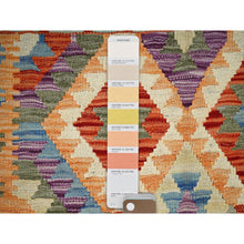 Load image into Gallery viewer, 3&#39;5&quot;x4&#39;10&quot; Vivid Orange, Flat Weave, Afghan Kilim With Colorful Geometric Pattern, Vegetable Dyes, Pure Wool, Hand Woven, Reversible, Oriental Rug FWR7122