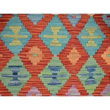 Load image into Gallery viewer, 3&#39;4&quot;x4&#39;9&quot; Flame Orange, Afghan Kilim With Colorful Geometric Pattern, Vegetable Dyes, Pure Wool, Hand Woven, Flat Weave, Reversible, Oriental Rug FWR7134