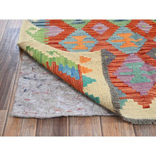 Load image into Gallery viewer, 3&#39;4&quot;x4&#39;9&quot; Flame Orange, Afghan Kilim With Colorful Geometric Pattern, Vegetable Dyes, Pure Wool, Hand Woven, Flat Weave, Reversible, Oriental Rug FWR7134