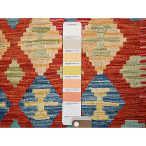 3'4"x4'9" Flame Orange, Afghan Kilim With Colorful Geometric Pattern, Vegetable Dyes, Pure Wool, Hand Woven, Flat Weave, Reversible, Oriental Rug FWR7134