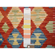 Load image into Gallery viewer, 3&#39;4&quot;x4&#39;9&quot; Flame Orange, Afghan Kilim With Colorful Geometric Pattern, Vegetable Dyes, Pure Wool, Hand Woven, Flat Weave, Reversible, Oriental Rug FWR7134