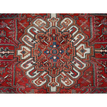 Load image into Gallery viewer, 7&#39;10&quot;x10&#39;7&quot; Prismatic Legacy Red, Centre Geometric Element, Sides Secured Professionally, Cleaned, Vintage Persian Heriz, Sheared Low, Organic Wool, Good Condition, Oriental Rug FWR708